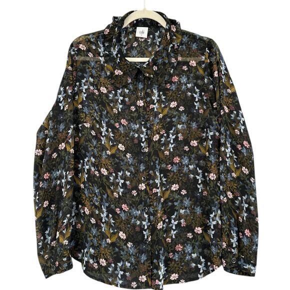 Cabi Floret Sheer Black Long Sleeve Floral‎ Ruffle Collar Button Up Shirt Medium - Picture 1 of 7